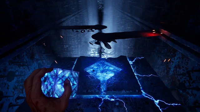 A glowing blue puzzle box resting on a stone ledge with suspended blades in the Labyrinth of Clive Barker's Hellraiser: Revival.